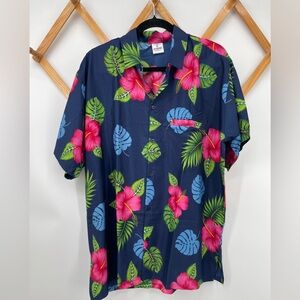 Hawaiian Navy Floral Short-Sleeve Button Down Shirt Pink & Green Hibiscus